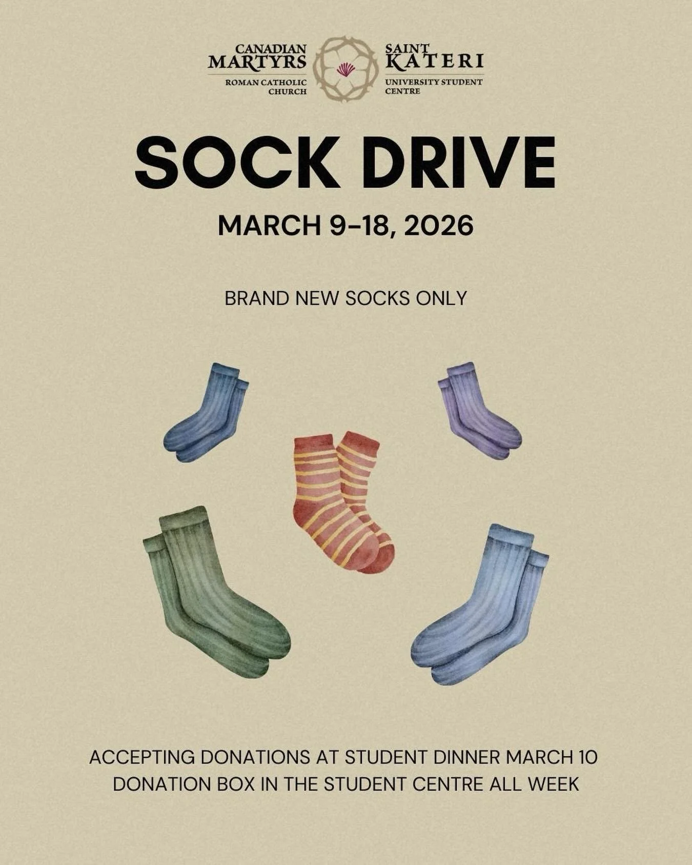 Socks are one of the most needed (and least donated) items in shelters. Join us March 9&ndash;18 in supporting our community with brand new socks. Donations accepted at Student Dinner (March 10) and in the Student Centre all week.

Fill out this poll