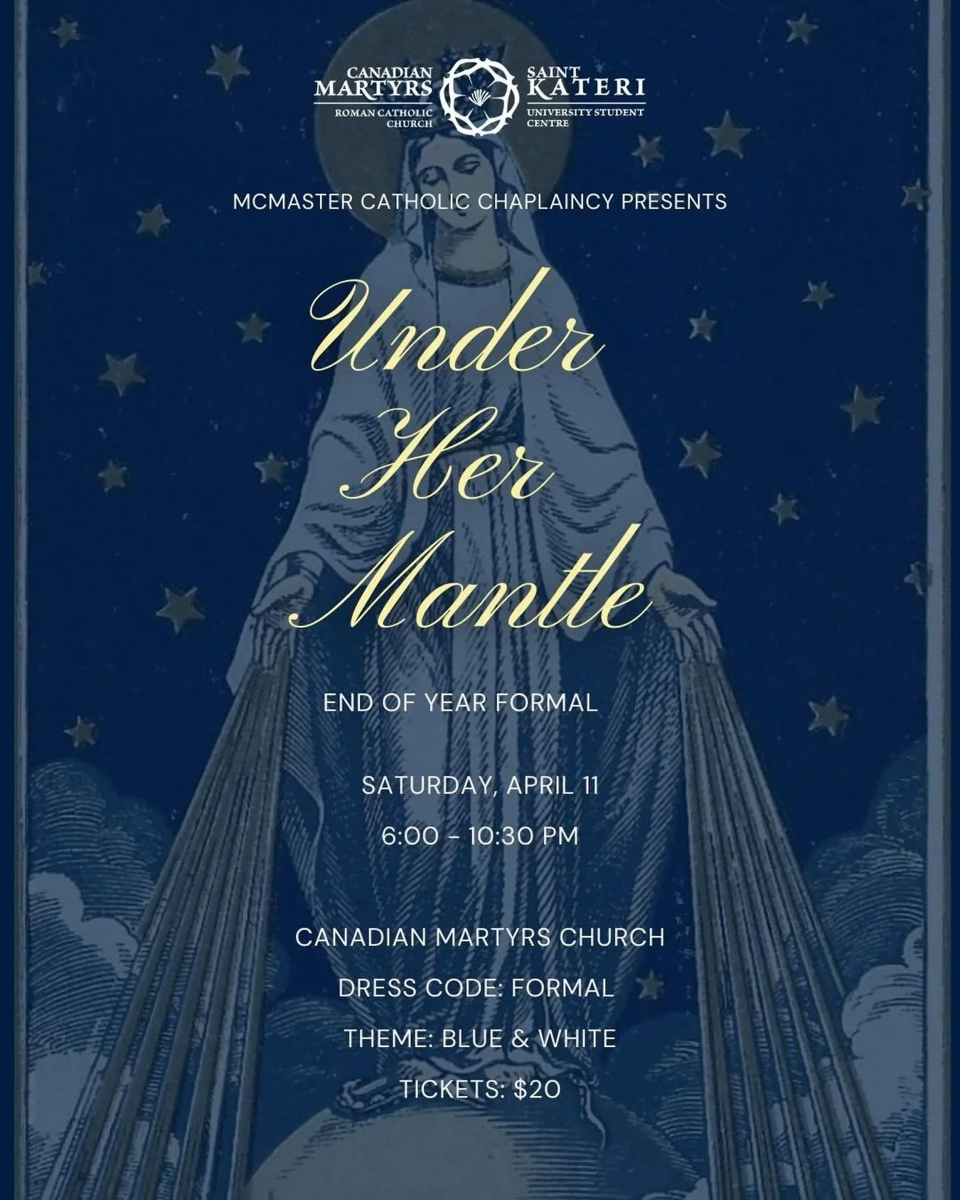 Get ready for a night Under Her Mantle ✨

Join us for our annual End of Year Formal, featuring a catered dinner, student performances, testimonies and dancing. Formal attire is recommended and the theme is blue and white (inspired by our Lady herself