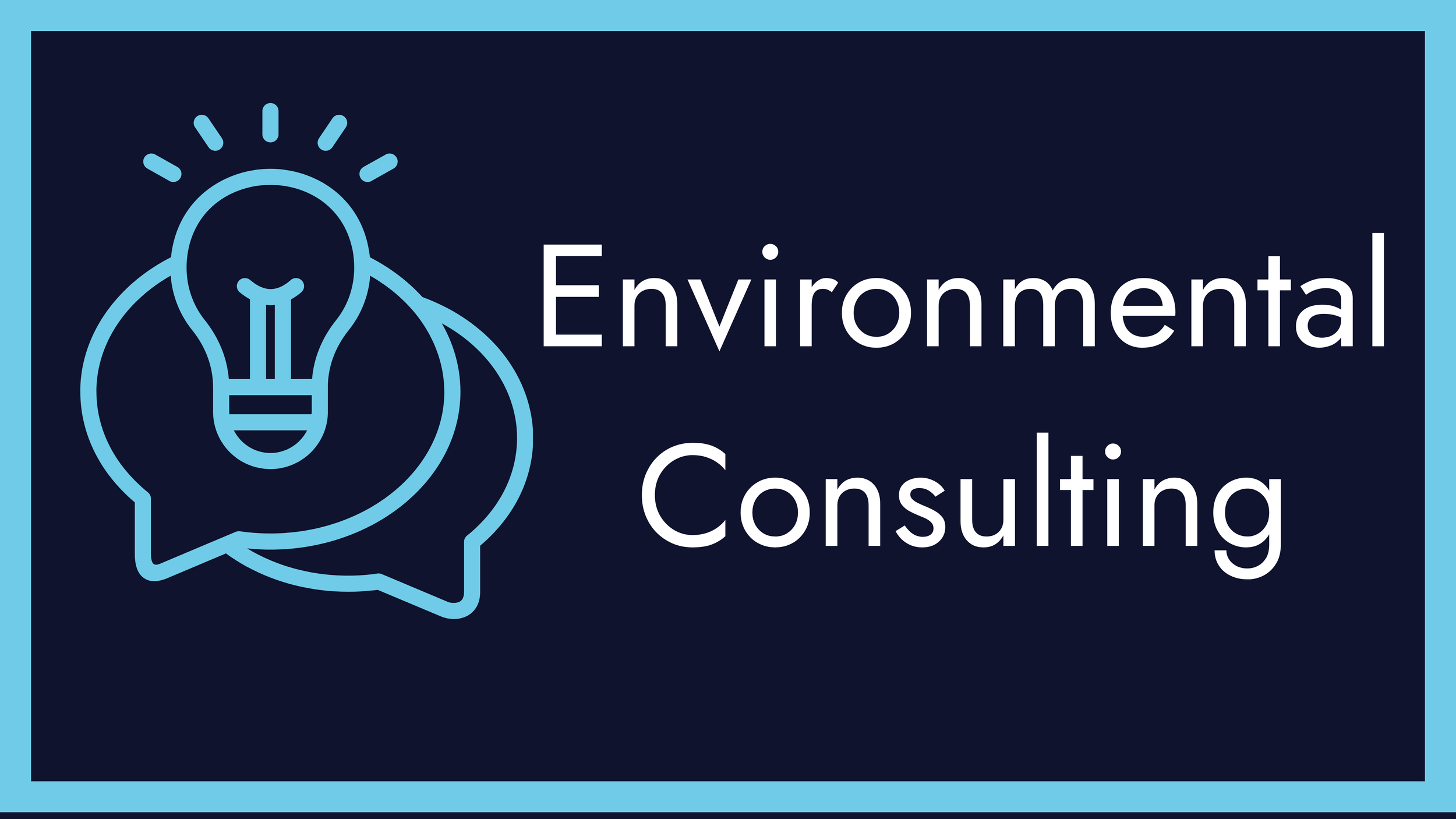 A logo for Environmental Consulting featuring a stylized lightbulb outline with a leaf integrated into its design, and the words 'Environmental Consulting' to the right, on a dark navy background with light blue borders.