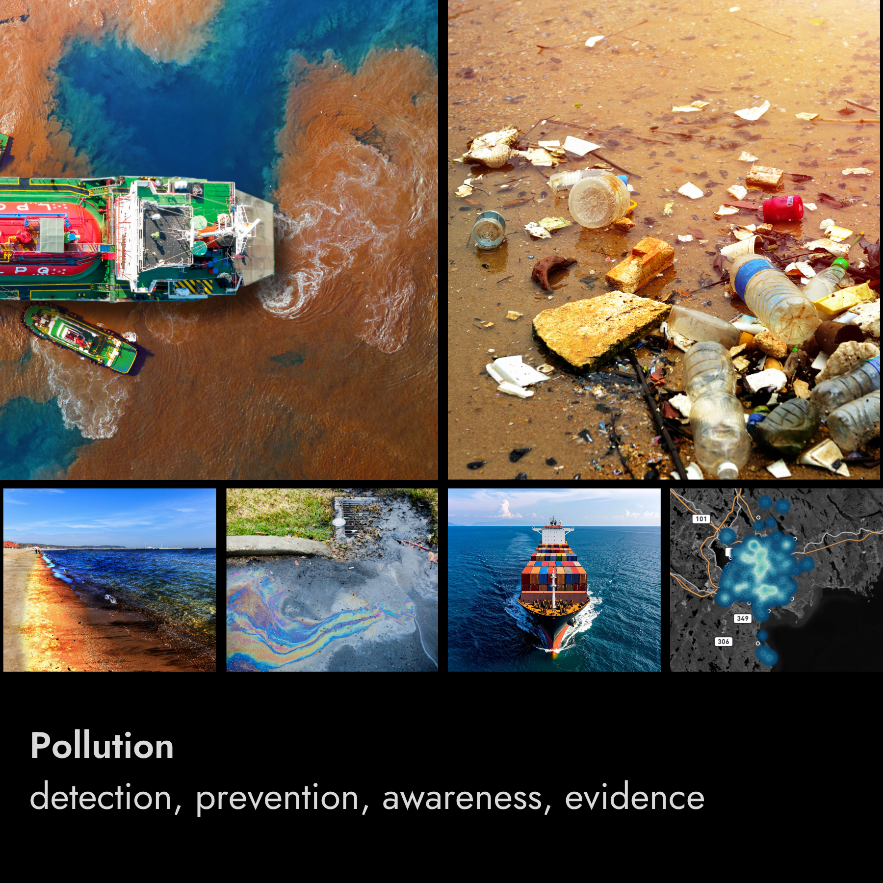 A collage of six images related to pollution. The top left shows a ship dumping waste into a body of water, and the top right shows litter on a beach. The bottom left features a pristine shoreline, while the bottom middle shows a polluted water body with rainbow-colored chemicals. The bottom right has a cargo ship at sea, and the bottom rightmost image shows a map with pollution hotspots marked.