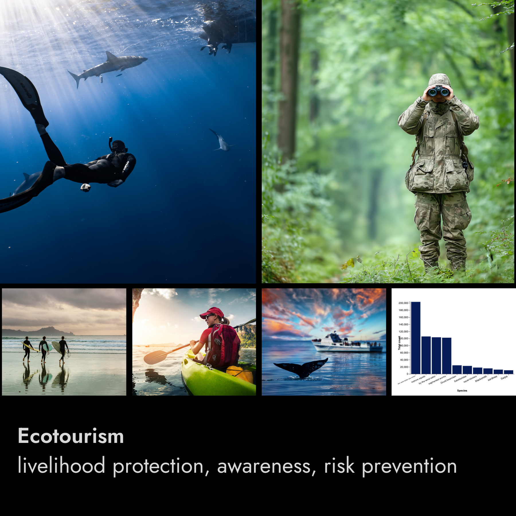 Collage of ecotourism activities including scuba diving, hiking, surfing, kayaking, whale watching, and wildlife observing, emphasizing livelihood protection, awareness, and risk prevention.