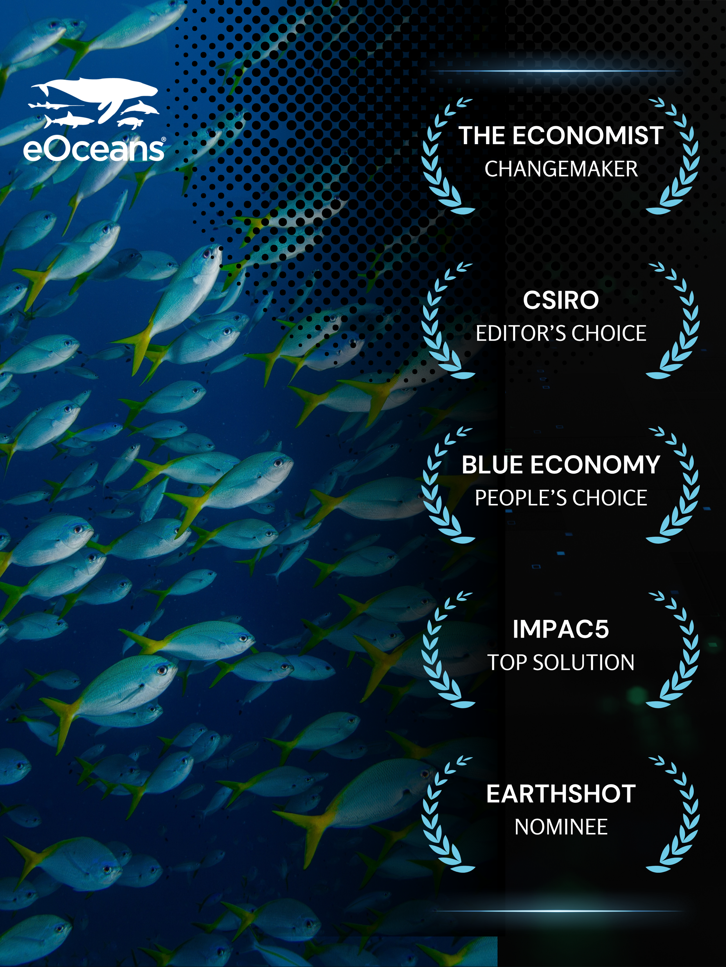 Underwater photograph of a person in a wetsuit with a mask, surrounded by awards and recognitions for environmental tech innovations, including IMPAC5 Top Solution 2023, CSIRO Editor's Choice 2022, Volta Ocean Tech Winner 2023, Foresight Clean Tech 2025, and Earthshot Nominee 2024-2025.