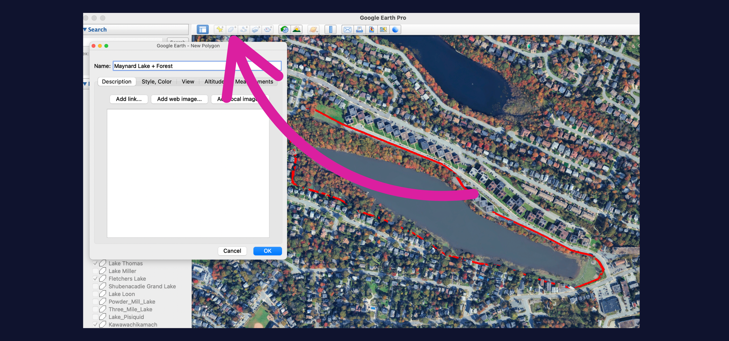 Screenshot of a computer screen displaying a Google Earth Pro map highlighting Maynard Lake with a red outline and a proposed trail in red, green, and pink, with an overlay window showing the trail's name and description.
