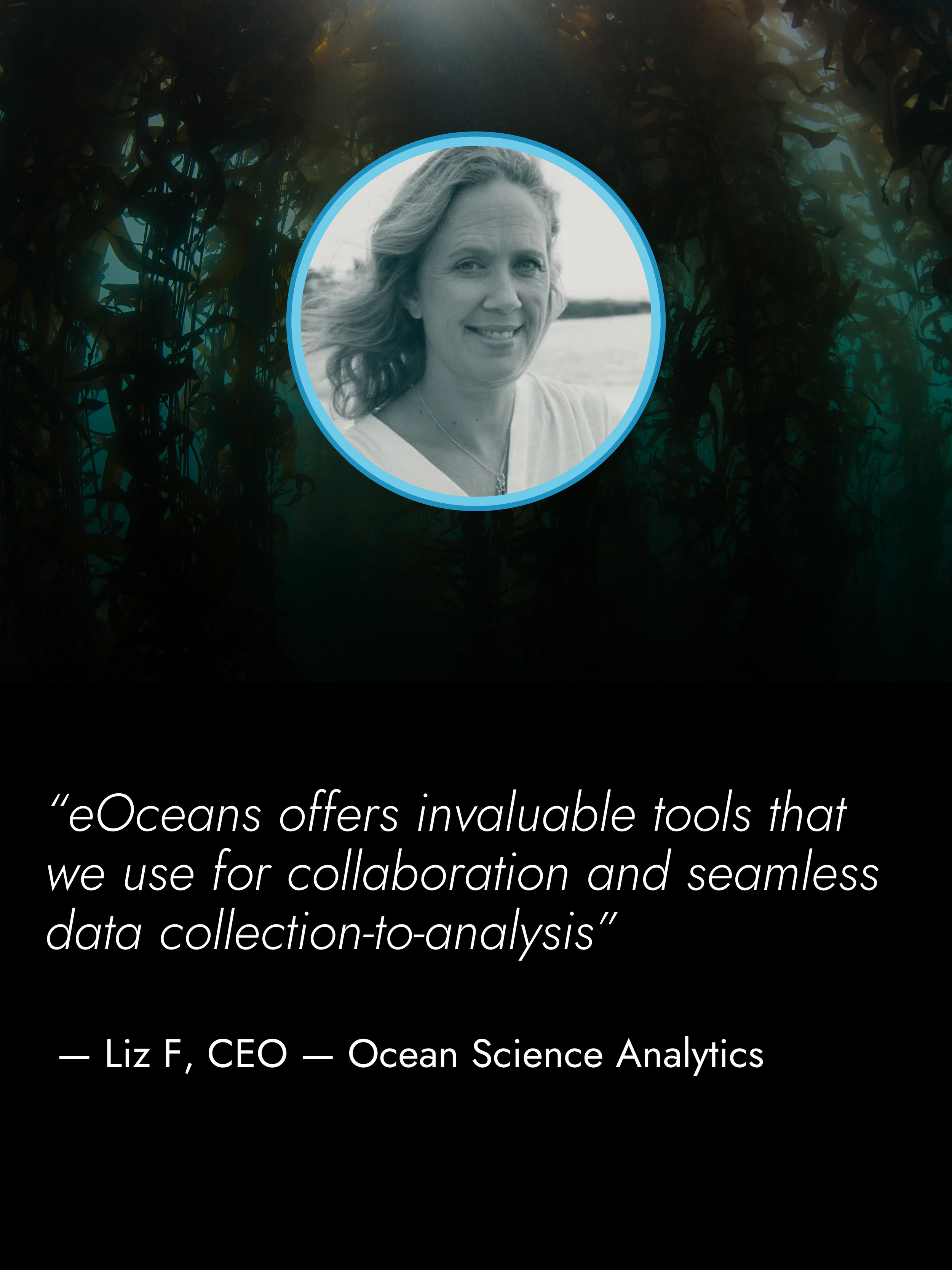A person sitting on a beach with the ocean in the background, wearing a white top and black pants, with a quote about oceans overlaid on a dark, oceanic background.