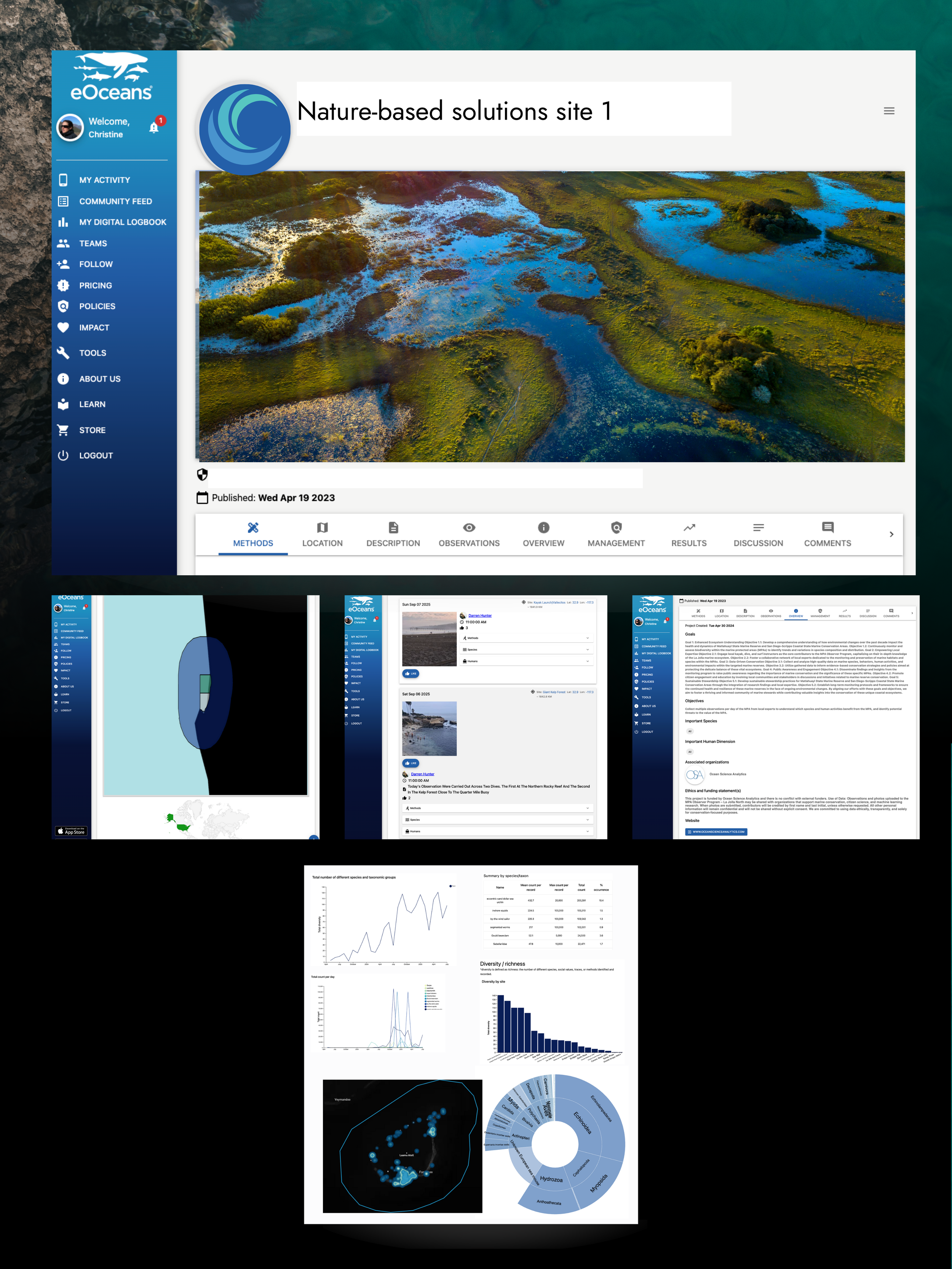 Screenshot of a website titled 'Nature-based solutions site 1' with a landscape aerial photo of wetlands, showing water, grass, and small trees. The webpage belongs to eOceans, with a sidebar menu on the left and various data and charts displayed in the main content area.