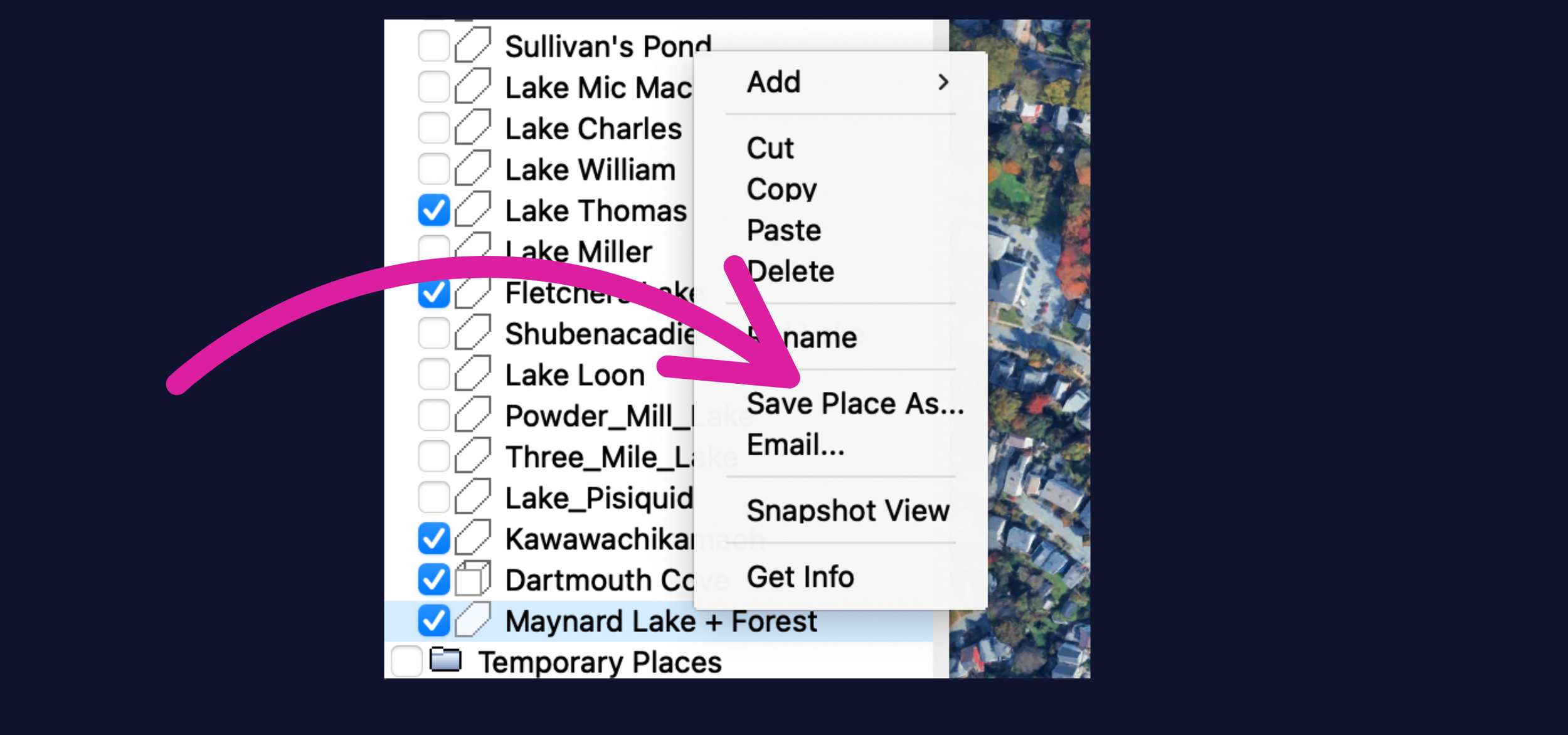 Screenshot of a right-click menu on a map or listing tool with options to add, cut, copy, paste, delete, save place as an image, email, view snapshot, or get info. The menu is active over a list of lake locations, with multiple checkboxes checked for lakes including Lake Thomas, Fletcher Lake, and Maynard Lake + Forest. A purple arrow points from the list to the menu.