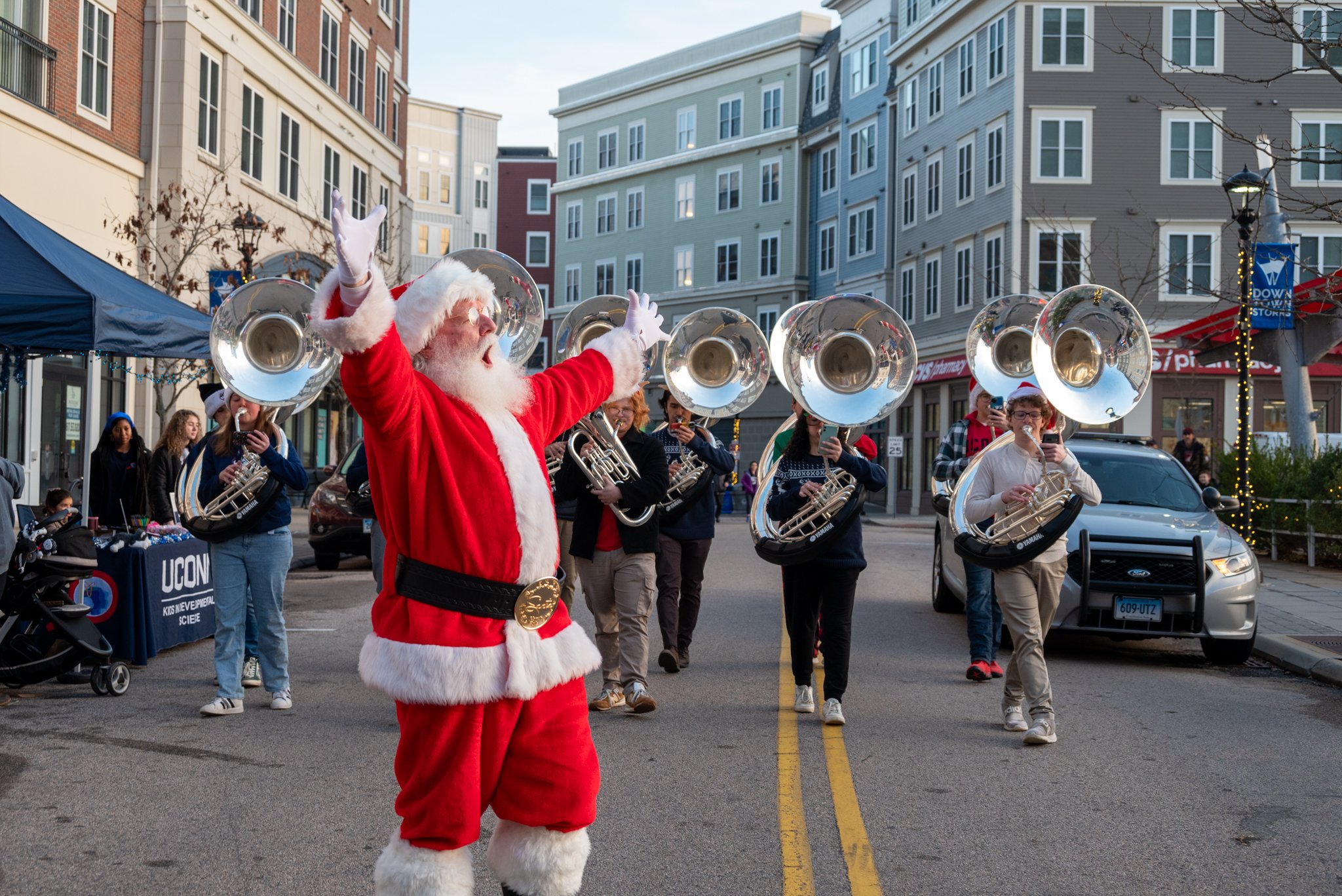 UConn Marching Band Tubas escorting Santa