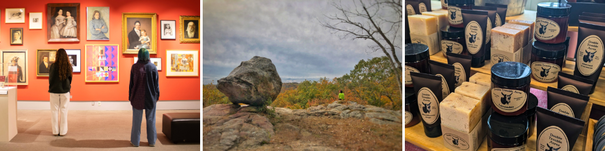 Three images: Two women stand, looking at an art exhibit gallery wall; A woman sits on a rock ledge near a boulder and looks out over a forest;  A table display of farm-made soaps and lotions