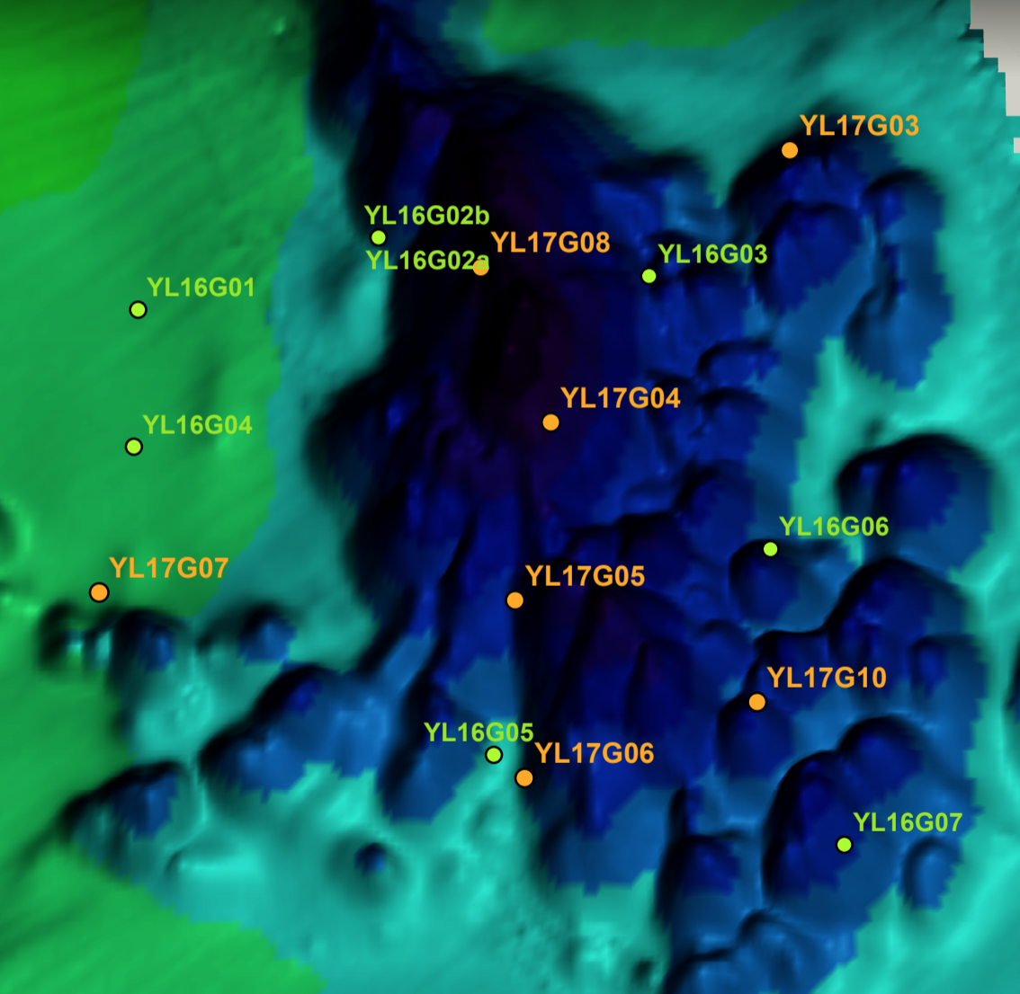 A map of our sampling sites on the lake floor off the coast of Stevenson Island in Yellowstone Lake. This is the hottest and deepest part of the lake. Map making credit goes to Pat Shanks of the USGS.