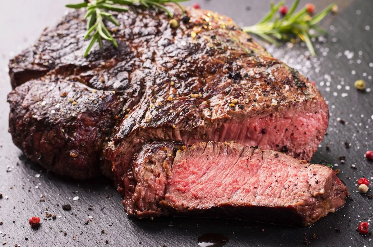 Medium rare steak with a Maillard crust