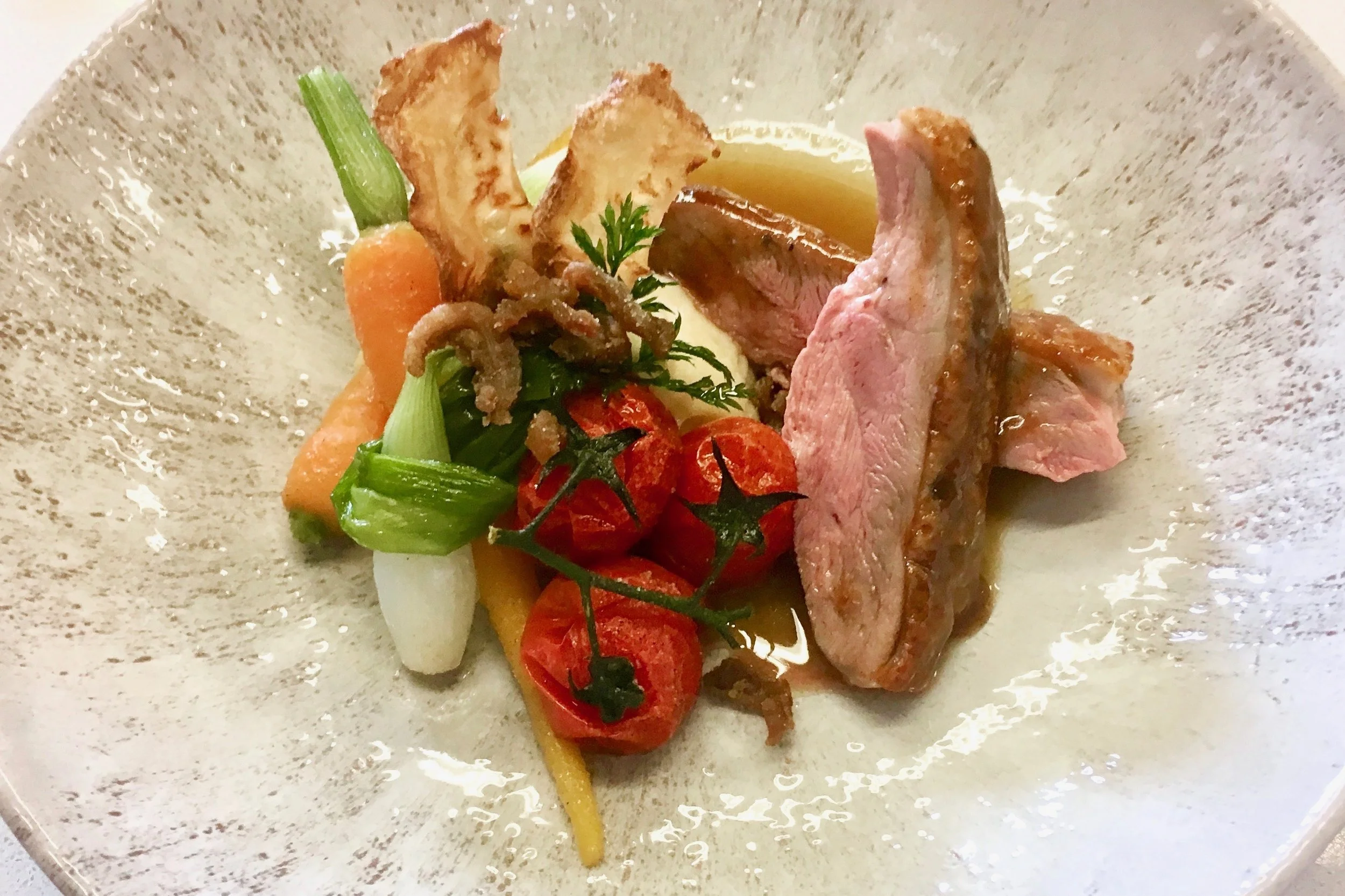 Chef’s roast duck on a coloured plate with texture