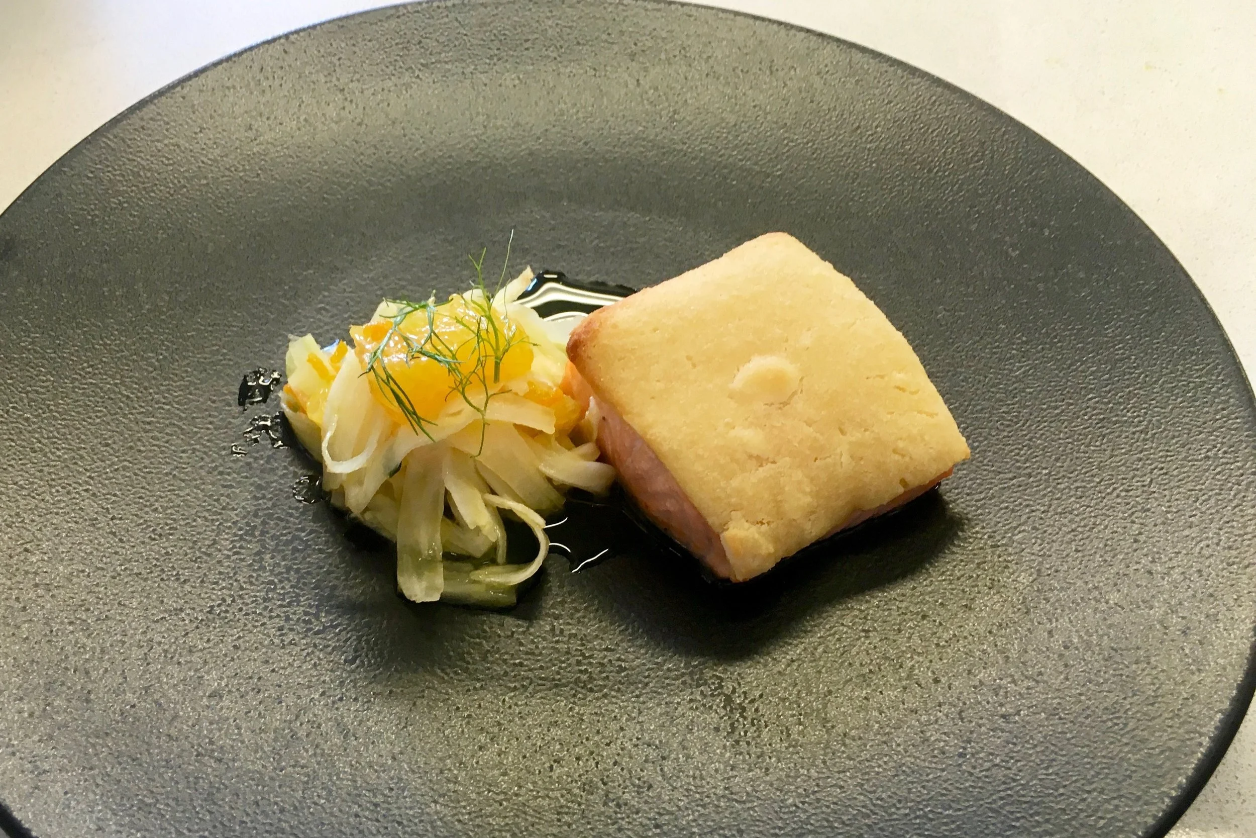 Chef’s almond crusted salmon with fennel, orange and lemon thyme salad