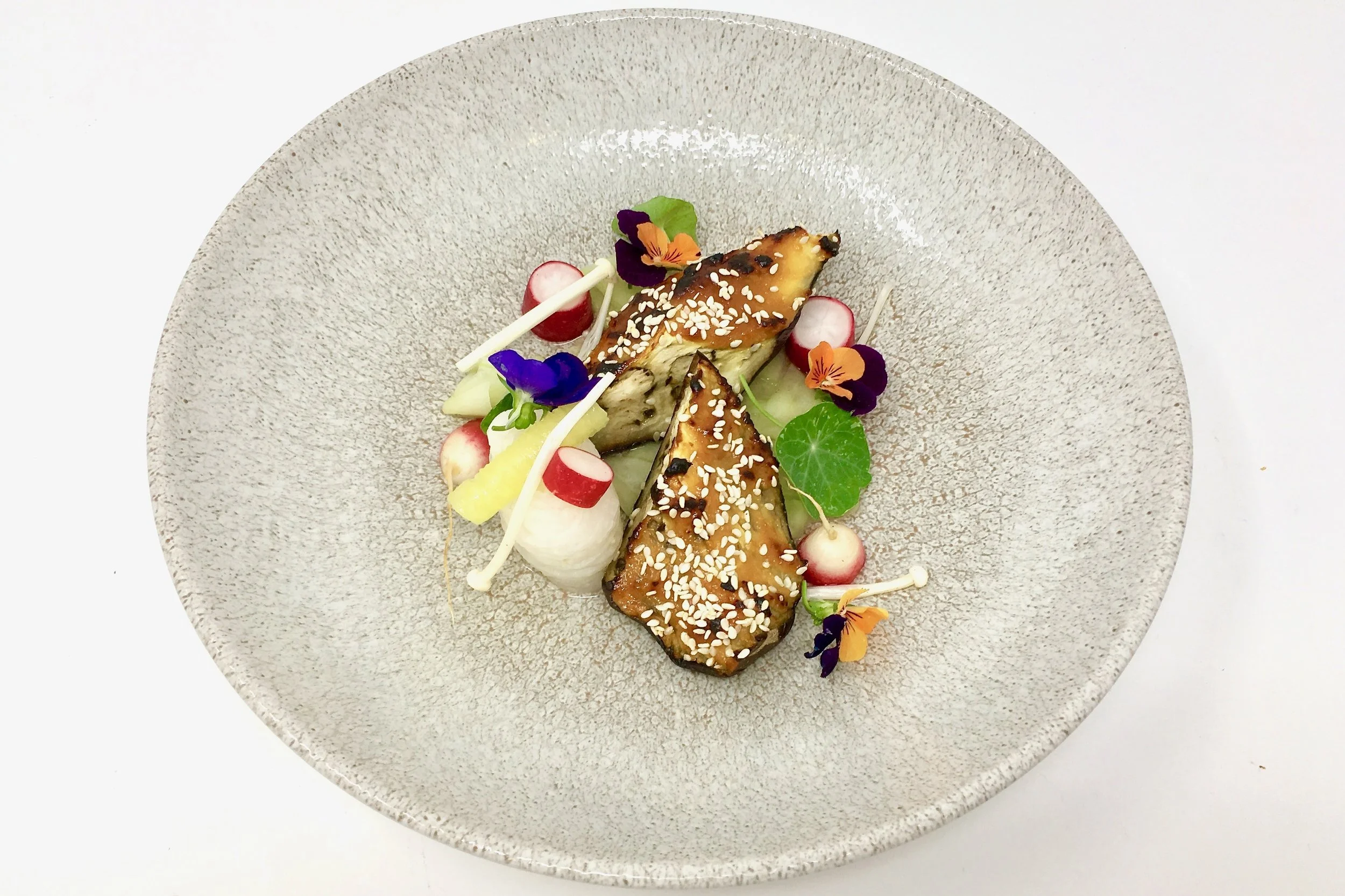 Chef’s miso aubergine with pickled cucumber