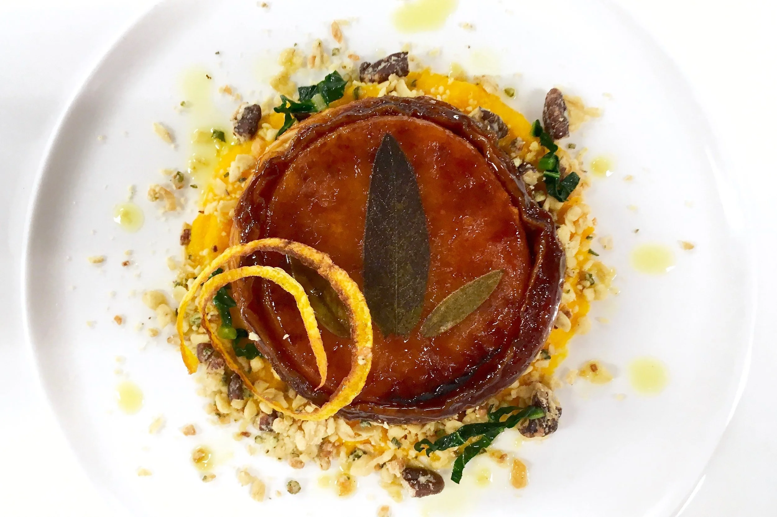 Butternut squash tarte tatin with sage and walnut crumble
