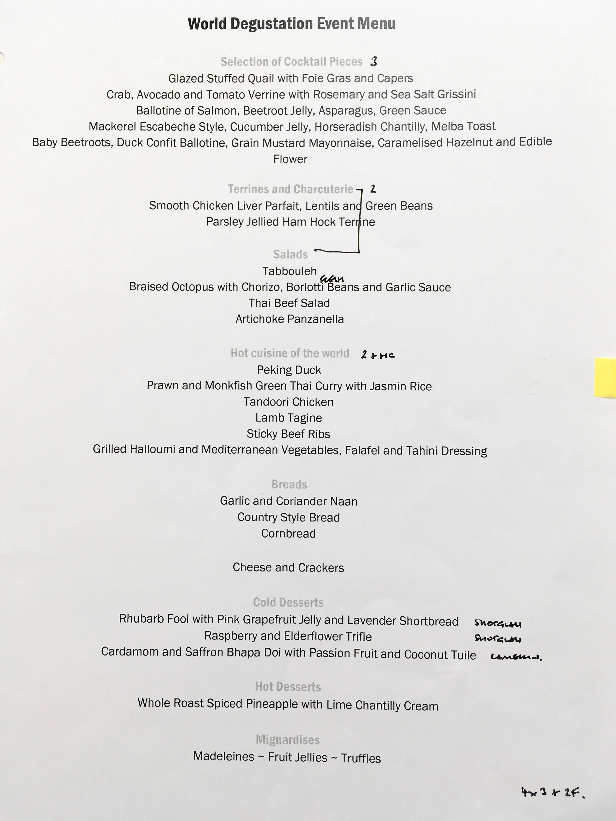 Menu for the Superior Cuisine World Degustation Event