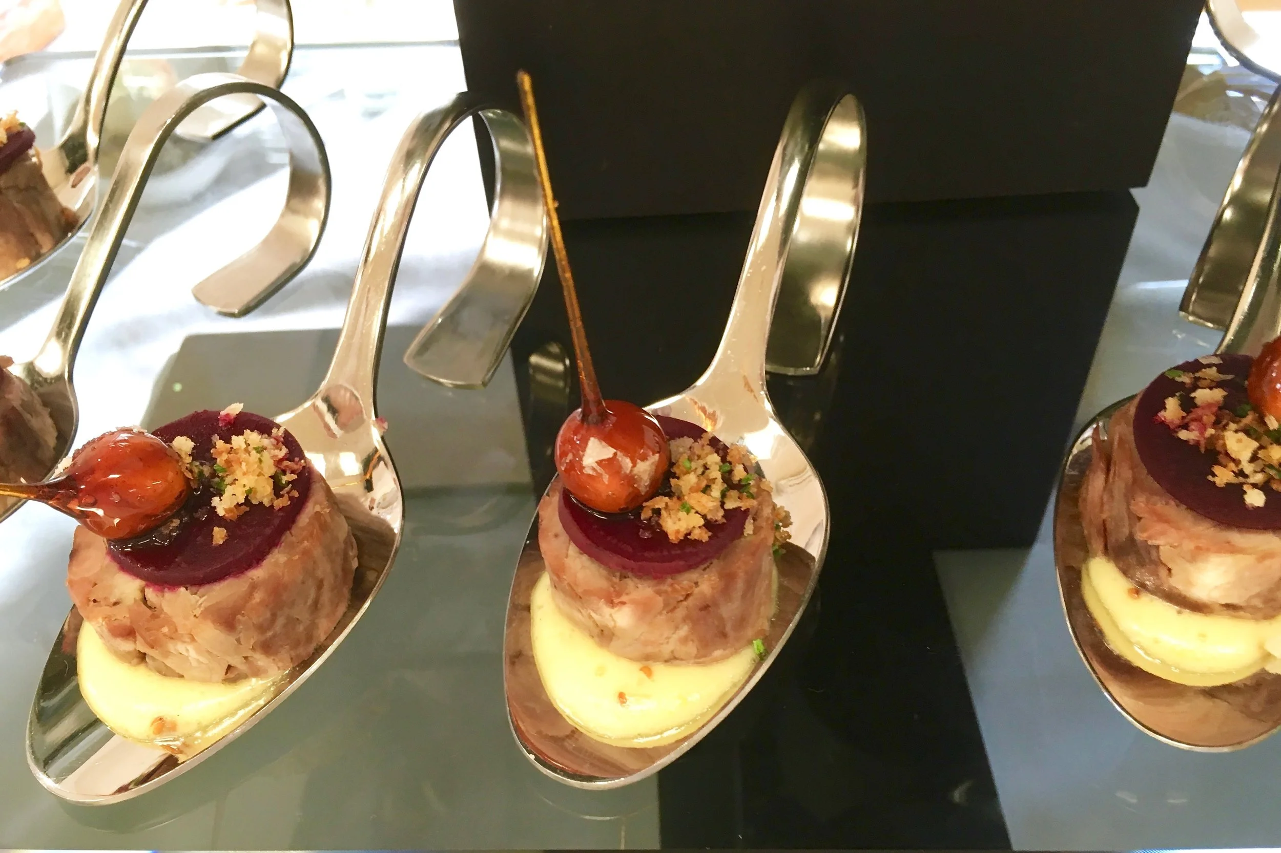Baby beetroots, duck confit balloting, grain mustard mayonnaise, caramelised hazelnut and edible flower