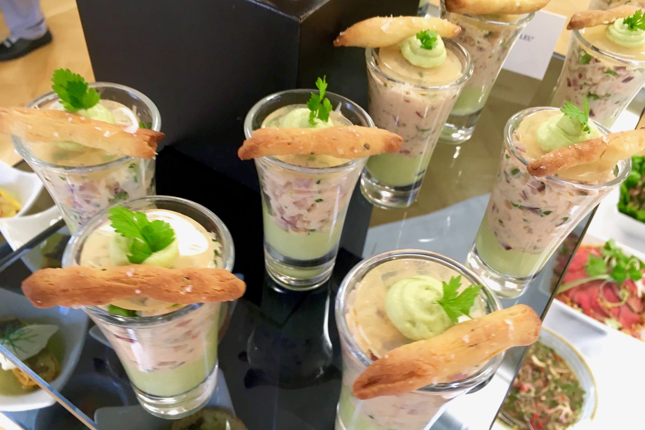 Crab, avocado, and tomato terrine with rosemary and sea salt grissini