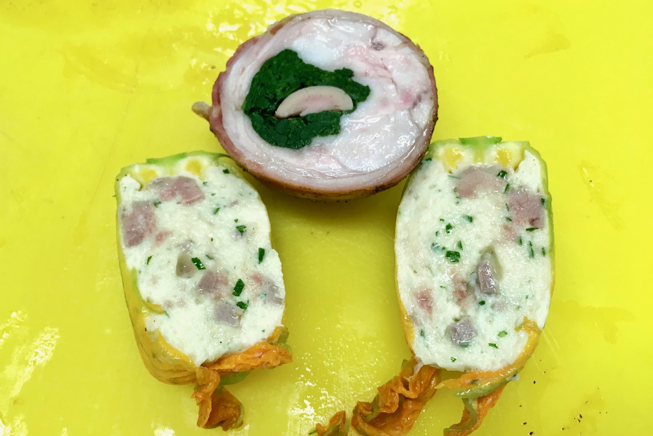 Chicken mousse with rabbit liver inside the courgette flower