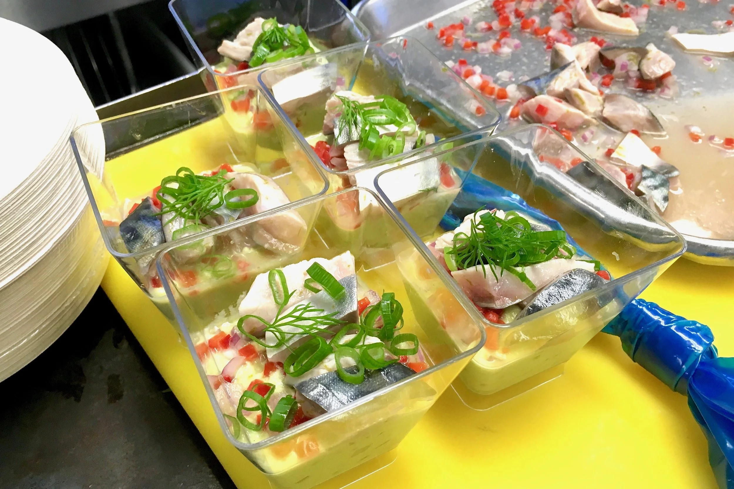 Marinated mackerel ceviche with guacamole, chilli and spring onion