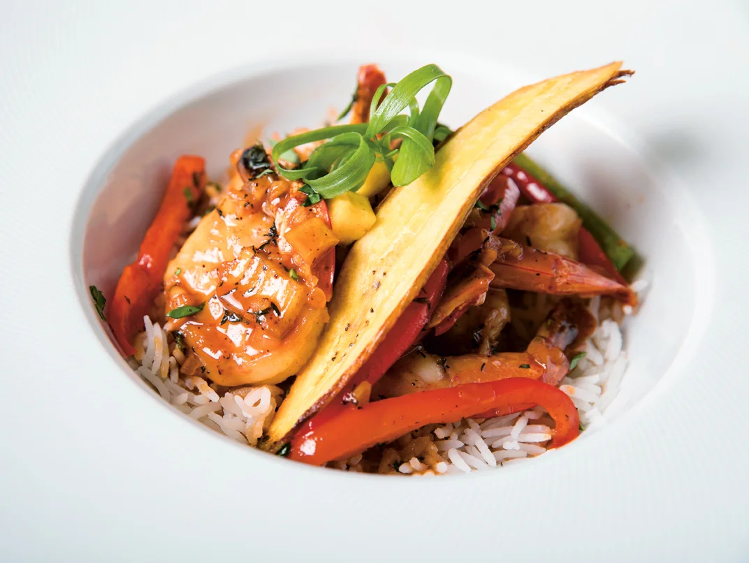 Caribbean Shrimp Curry with Coconut Milk and Green Plantains - The Fish Pot Barbados