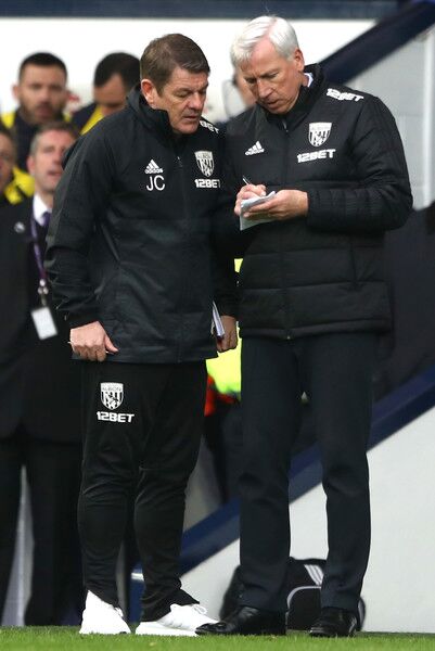 Alan Pardew coaches for West Brom in the English Premier League