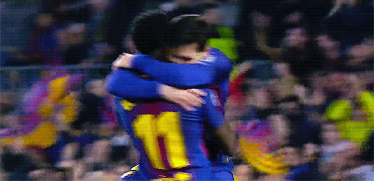 FC Barcelona players Lionel Messi and Ousmane Dembele celebrate a goal against Chelsea in the UEFA Champions League