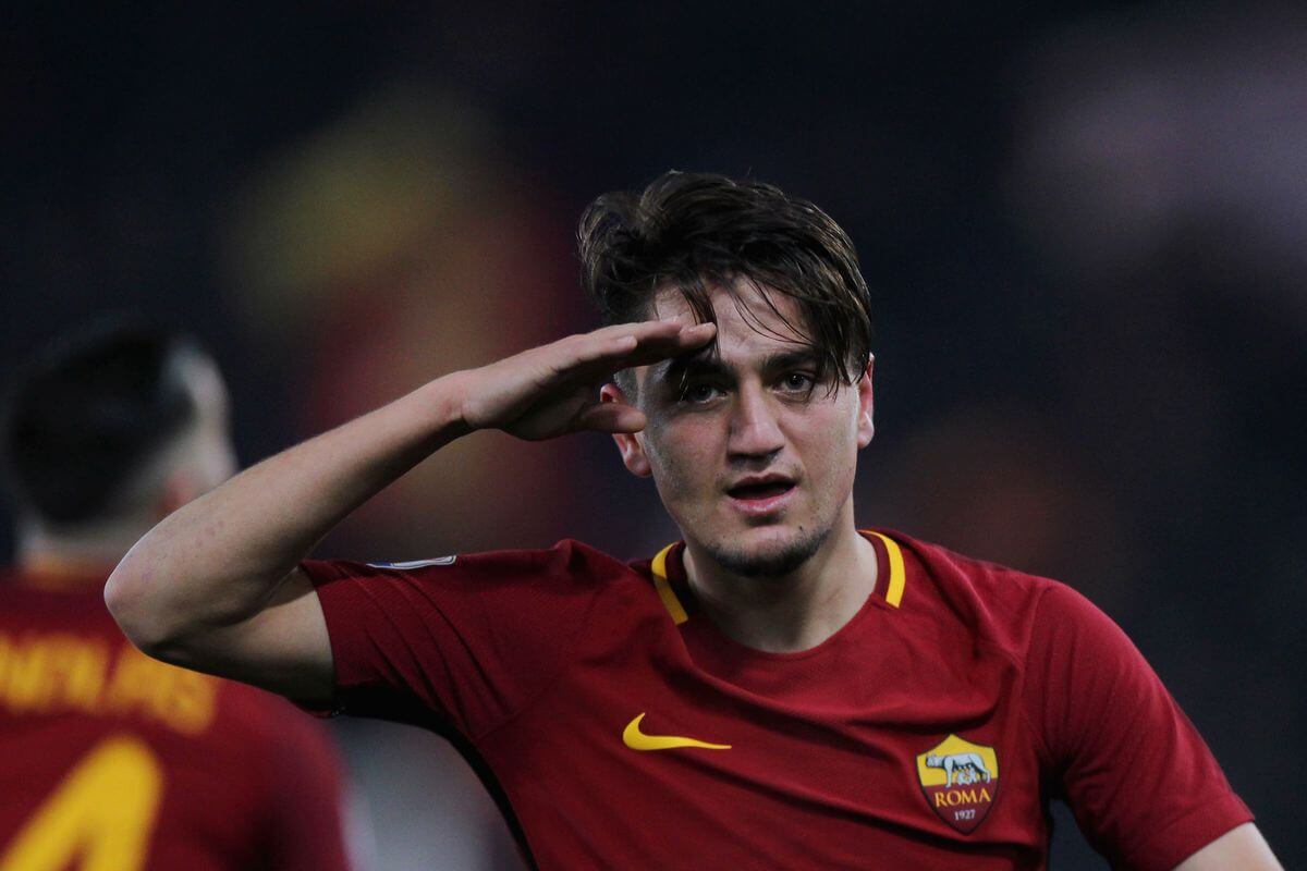 Cengiz Ünder celebrates a goal for AS Roma in Italy's Serie A