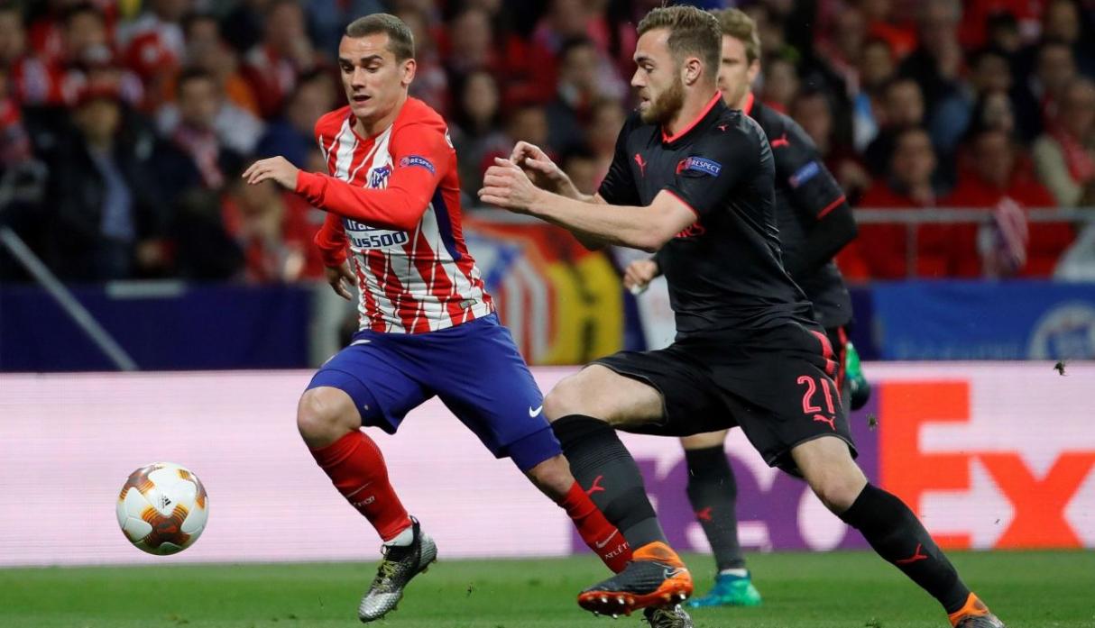 Antoine Griezmann in action for Atletico Madrid FC against Arsenal FC in UEFA Europa League semi-final