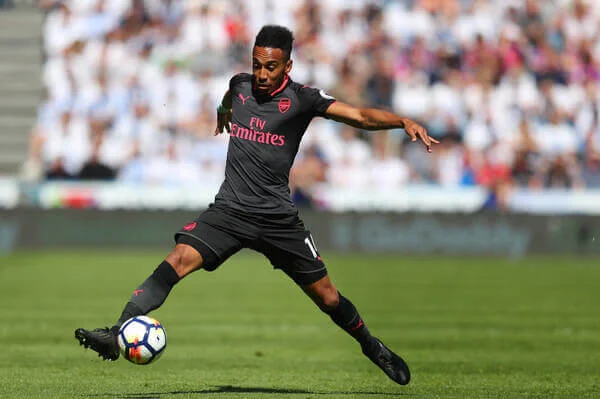 Arsenal’s striker Pierre Emerick Aubameyang pictured before scoring his 10th English Premier League goal in Arsene Wenger’s last match for the club against Huddersfield at John Smith’s Stadium on Sunday, May 13, 2018, in West Yorkshire, England.