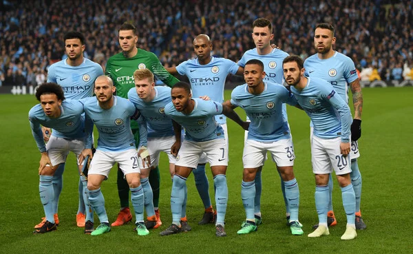 Manchester City pose for a team photo prior to the UEFA Champions League Quarter Final Second Leg match between Manchester City and Liverpool at Etihad Stadium on April 10, 2018 in Manchester, England. (April 9, 2018 - Source: Shaun Botterill/Getty Images Europe)