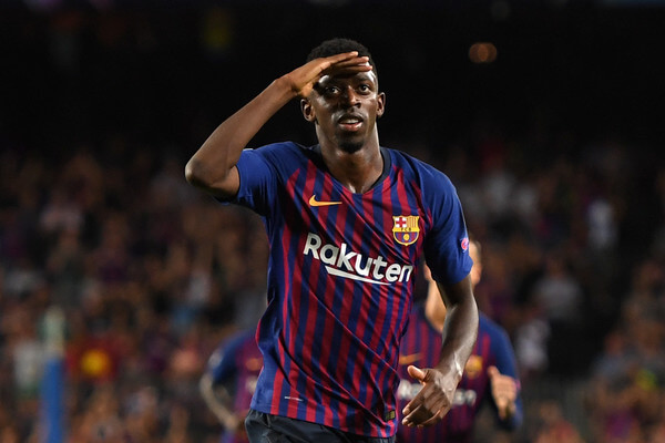 Ousmane Dembele of Barcelona celebrates after scoring his team's second goal during the Group B match of the UEFA Champions League between FC Barcelona and PSV at Camp Nou on September 18, 2018 in Barcelona, Spain. (Sept. 17, 2018 - Source: Alex Caparros/Getty Images Europe)