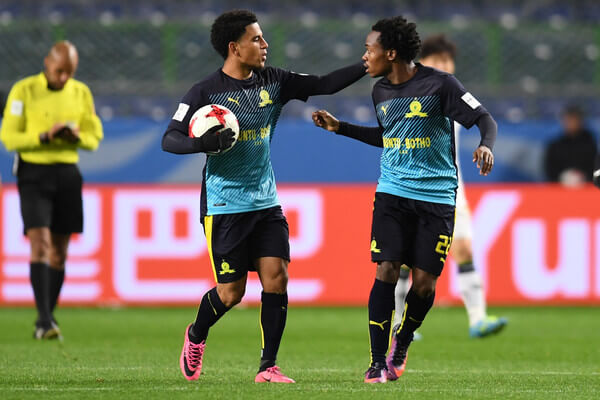 Percy Tau of Mamelodi Sundowns celebrates wuth his team mate after a goal during the FIFA World Cup match for 5th place between Mamelodi Sundowns and Jeonbuk Hyundai at Suita City Football Stadium on December 14, 2016 in Suita, Japan. (Dec. 13, 2016 - Source: Atsushi Tomura/Getty Images AsiaPac)