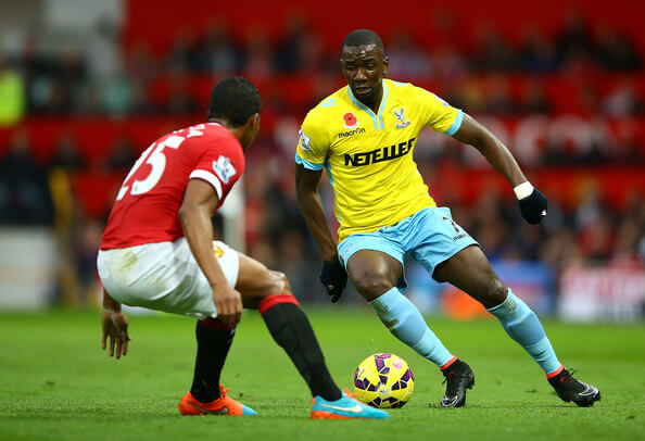 Antonio Valencia of Manchester United competes with Yannick Bolasie of Crystal Palace during the Barclays Premier League match between Manchester United and Crystal Palace at Old Trafford on November 8, 2014 in Manchester, England. (Nov. 7, 2014 - Source: Richard Heathcote/Getty Images Europe)