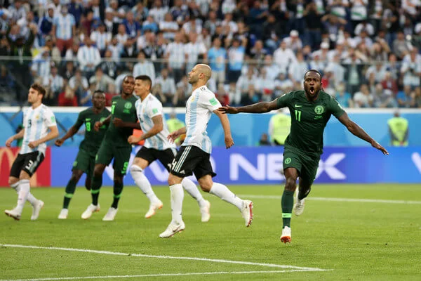 Victor Moses of Nigeria celebrates scoring his sides opening goal to make the score 1-1 during the 2018 FIFA World Cup Russia group D match between Nigeria and Argentina at Saint Petersburg Stadium on June 26, 2018 in Saint Petersburg, Russia. (June 25, 2018 - Source: Gabriel Rossi/Getty Images Europe