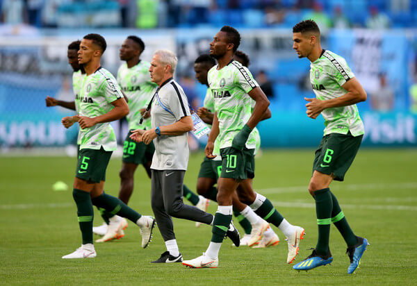 Nigeria players warm up prior to the 2018 FIFA World Cup Russia group D match between Nigeria and Argentina at Saint Petersburg Stadium on June 26, 2018 in Saint Petersburg, Russia. (June 25, 2018 - Source: Alex Livesey/Getty Images Europe)