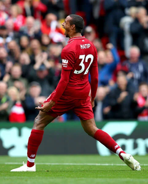 Joel Matip of Liverpool celebrates after scoring his team's second goal during the Premier League match between Liverpool FC and Southampton FC at Anfield on September 22, 2018 in Liverpool, United Kingdom. (Sept. 21, 2018 - Source: Alex Livesey/Getty Images Europe)