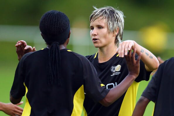 (L-R) Sanah Mollo of South Africa celebrates the third goal with Janine van Wyk during the women's friendly match between South Africa and Bayer Leverkusen at Sport School Hennef on July 12, 2012 in Recklinghausen, Germany. (July 11, 2012 - Source: Christof Koepsel/Getty Images Europe)
