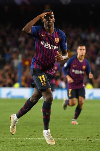 Ousmane Dembele of Barcelona celebrates after scoring his team's second goal during the Group B match of the UEFA Champions League between FC Barcelona and PSV at Camp Nou on September 18, 2018 in Barcelona, Spain. (Sept. 17, 2018 - Source: Alex Caparros/Getty Images Europe)