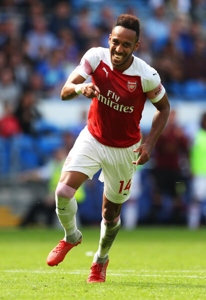 Pierre-Emerick Aubameyang of Arsenal celebrates after scoring his team's second goal during the Premier League match between Cardiff City and Arsenal FC at Cardiff City Stadium on September 2, 2018 in Cardiff, United Kingdom. (Sept. 1, 2018 - Source: Catherine Ivill/Getty Images Europe)