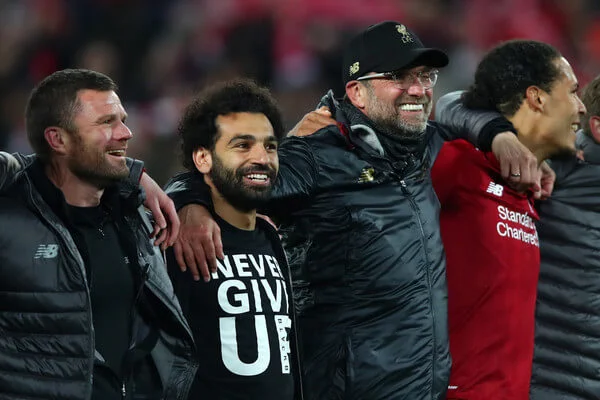 Jurgen Klopp, Manager of Liverpool and Mohamed Salah of Liverpool and team mates celebrate after the UEFA Champions League Semi Final second leg match between Liverpool and Barcelona at Anfield on May 07, 2019 in Liverpool, England. (May 6, 2019 - Source: Getty Images Europe)