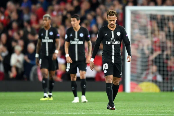 Neymar of Paris Saint-Germain looks dejected after conceding the first goal during the Group C match of the UEFA Champions League between Liverpool and Paris Saint-Germain at Anfield on September 18, 2018 in Liverpool, United Kingdom. (Sept. 17, 2018 - Source: Michael Regan/Getty Images Europe)