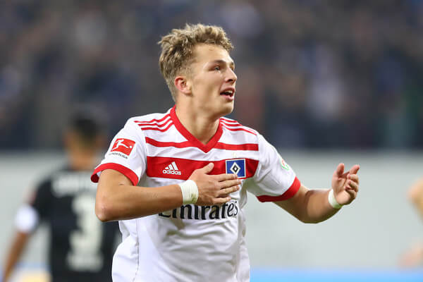 Jann-Fiete Arp of Hamburg celebrates after he scored a goal to make it 3:1 during the Bundesliga match between Hamburger SV and VfB Stuttgart at Volksparkstadion on November 4, 2017 in Hamburg, Germany. (Nov. 3, 2017 - Source: Martin Rose/Bongarts)
