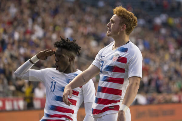 Tim Weah #11 and Josh Sargent #13 of the United States celebrate after a goal by Sargent in the second half of the friendly soccer match against Bolivia at Talen Energy Stadium on May 28, 2018 in Chester, Pennsylvania. The United States defeated Bolivia 3-0. (May 27, 2018 - Source: Mitchell Leff/Getty Images North America)