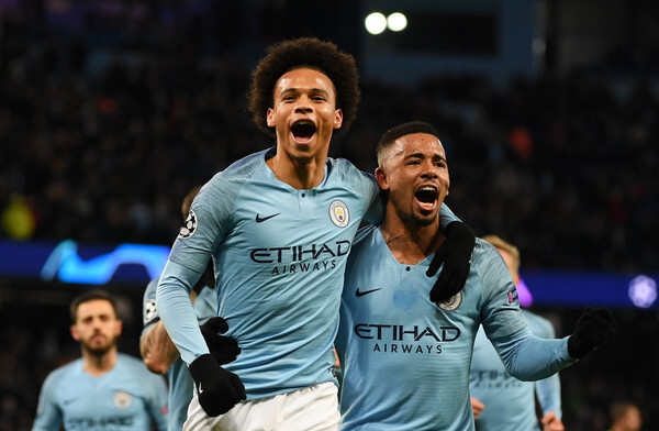 Leroy Sane of Manchester City celebrates scoring his sides first goal with Gabriel Jesus during the UEFA Champions League Group F match between Manchester City and TSG 1899 Hoffenheim at Etihad Stadium on December 12, 2018 in Manchester, United Kingdom. (Dec. 11, 2018 - Source: Gareth Copley/Getty Images Europe)