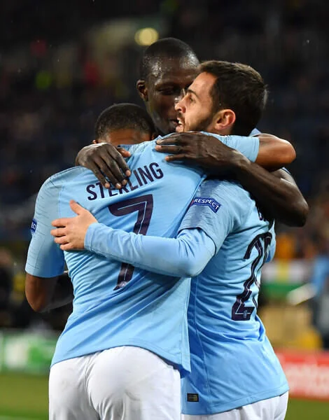 Bernardo Silva of Manchester City celebrates with teammates after scoring his team's third goal during the Group F match of the UEFA Champions League between FC Shakhtar Donetsk and Manchester City at Metalist Stadium on October 23, 2018 in Kharkov, Ukraine. (Oct. 22, 2018 - Source: Mike Hewitt/Getty Images Europe)