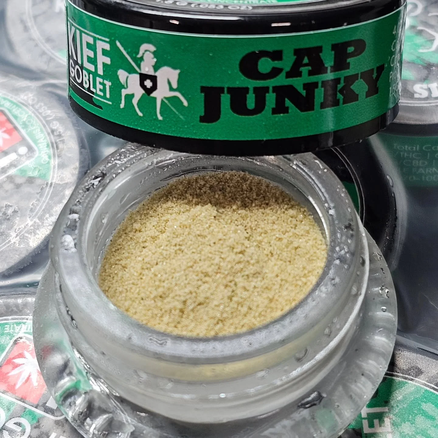Noble Farms Cap Junky Kief Goblets
Single source, small-batch, strain specific, hand collected trichomes 

No machine tumbling = very little plant material = exquisite flavor/potency 

Frozen after collection = less oxidation = beautiful blonde color