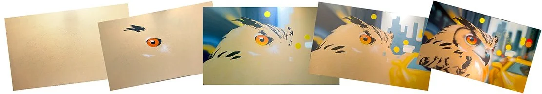 A sequence of images showing the evolution of an abstract illustration of a bird's eye transforming into a detailed, realistic bird's face set against an urban background.