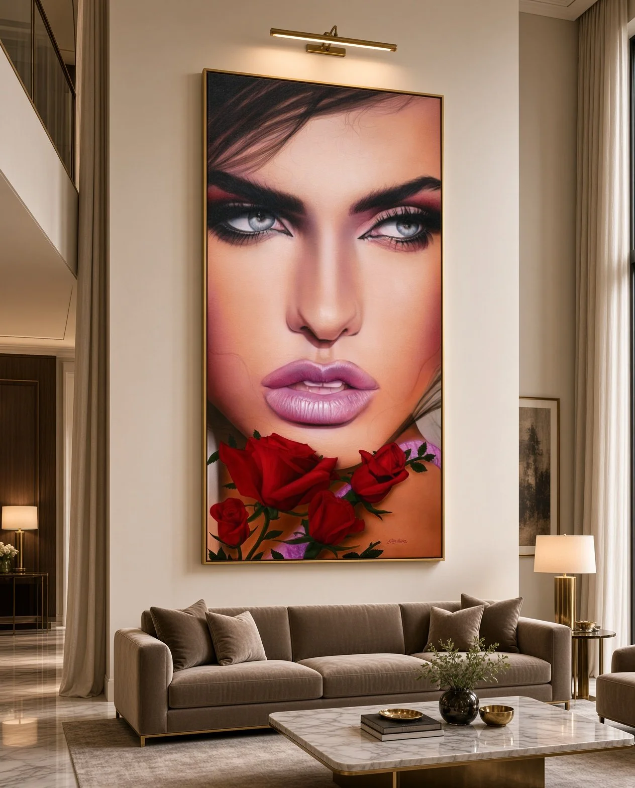 Large framed artwork of a woman's face with blue eyes, full lips, and makeup, adorned with red roses at the bottom, hanging in a spacious living room with beige sofa, marble coffee table, and modern decor.