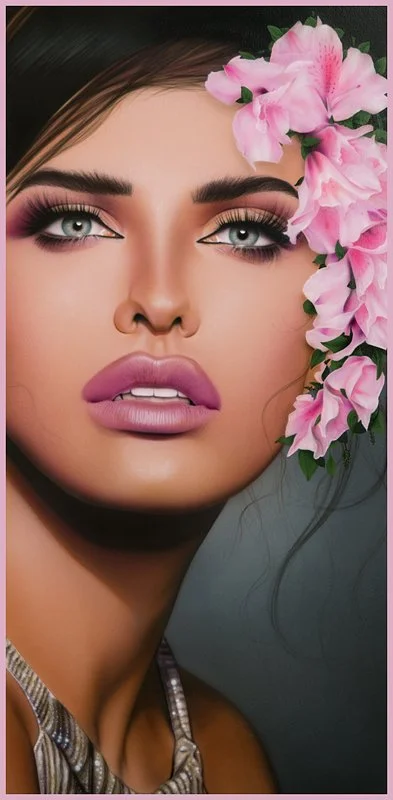A woman with blue eyes, bold makeup, and pink lips, surrounded by pink flowers.