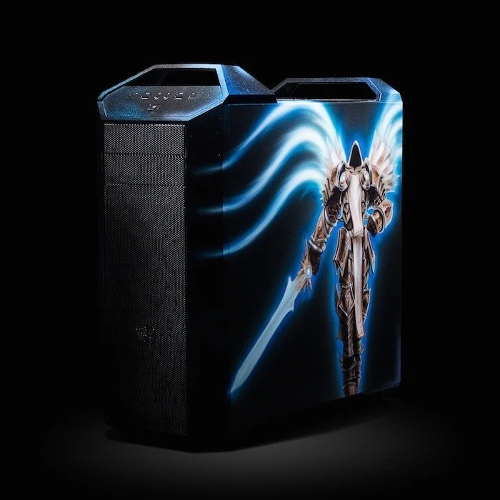 A gaming desktop computer with a science fiction-themed design featuring a knight in armor wielding a glowing blue sword and cape of energy.